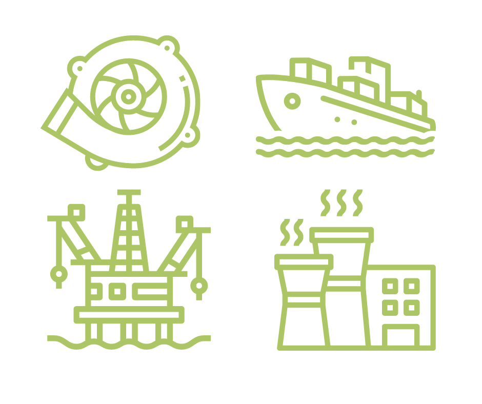 icons of a turbocharger, ship, oilrig and power station